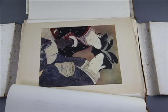 An album of nine Japanese watercolours and a quantity of prints after well known Japanese woodblock print artists, each 27 x 24cm